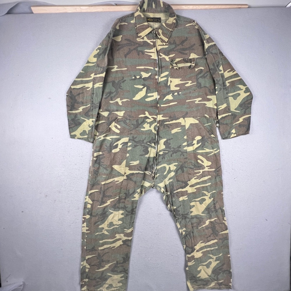 Vintage Kmart Camo Coveralls Men XL Green Tiger Stripe Cotton Duck Workwear Hunt